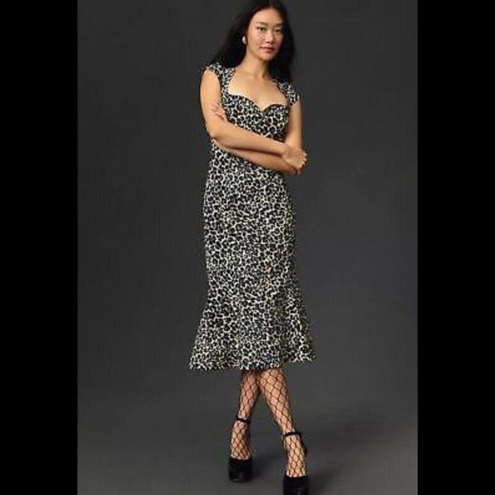 Anthropologie|| The Cecily Fit & Flare Sweetheart Dress by Maeve, Leopard Brown